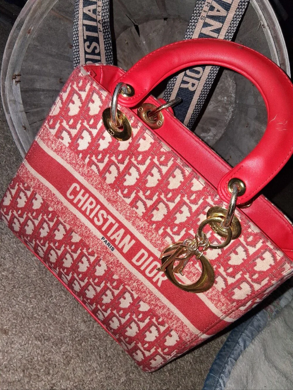 Dior Red and Cream Lady D-Joy Satchel with Logo Strap
